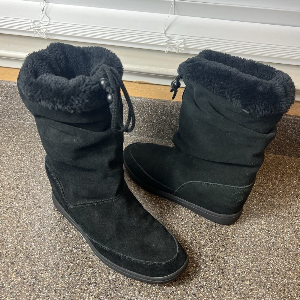 SKCH+3 Women's Size 11 Black Suede Hidden Wedge Mid Calf Slouch Boots Tie Shoes